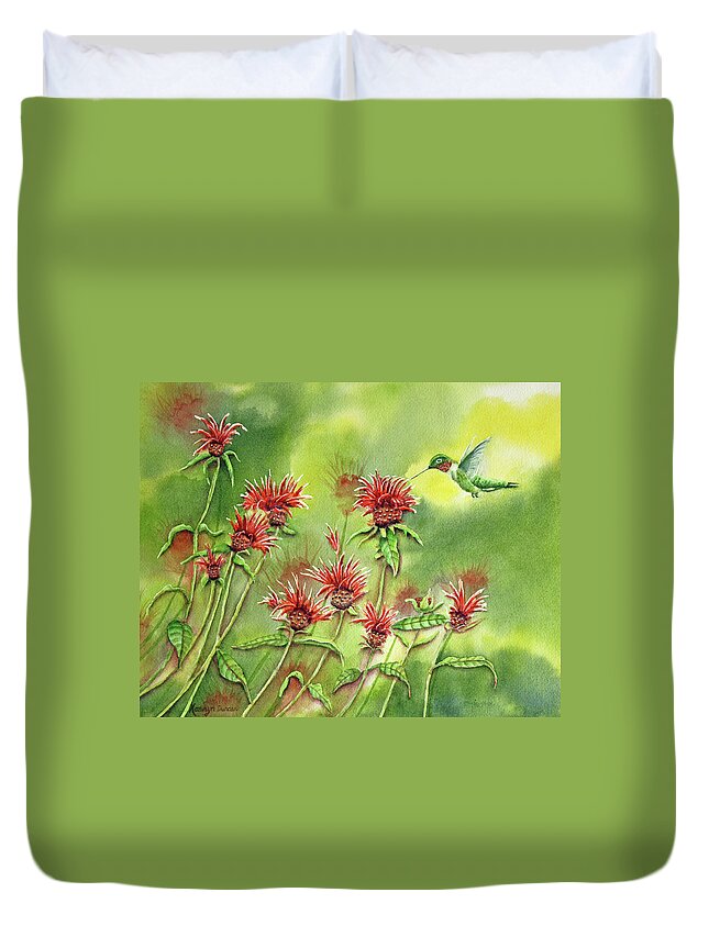 Hummingbird Duvet Cover featuring the painting Hummingbird In Beebalm by Kathryn Duncan