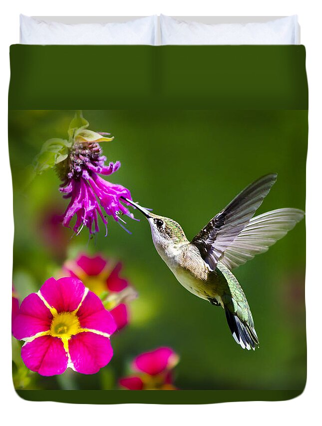 Hummingbird Duvet Cover featuring the photograph Hummingbird with Flower by Christina Rollo