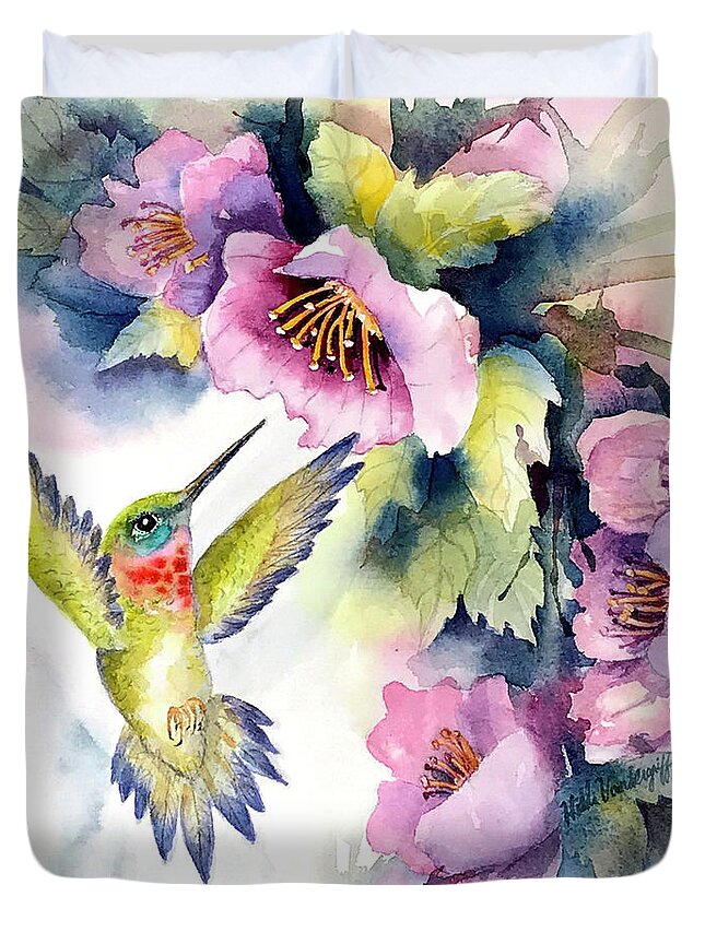 Hummingbird Duvet Cover featuring the painting Hummingbird with Pink Flowers by Hilda Vandergriff