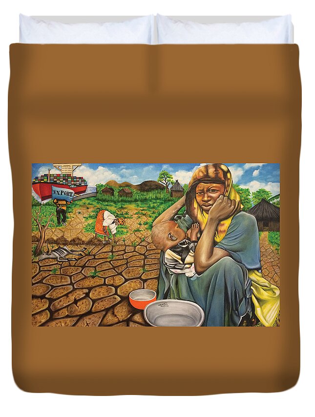 Africa Duvet Cover featuring the painting Hunger in the Land of Plenty by O Yemi Tubi