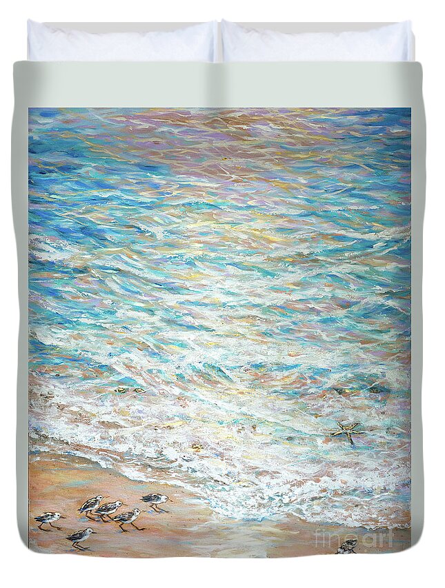 Beach Duvet Cover featuring the painting Hunting for Crabs by Linda Olsen
