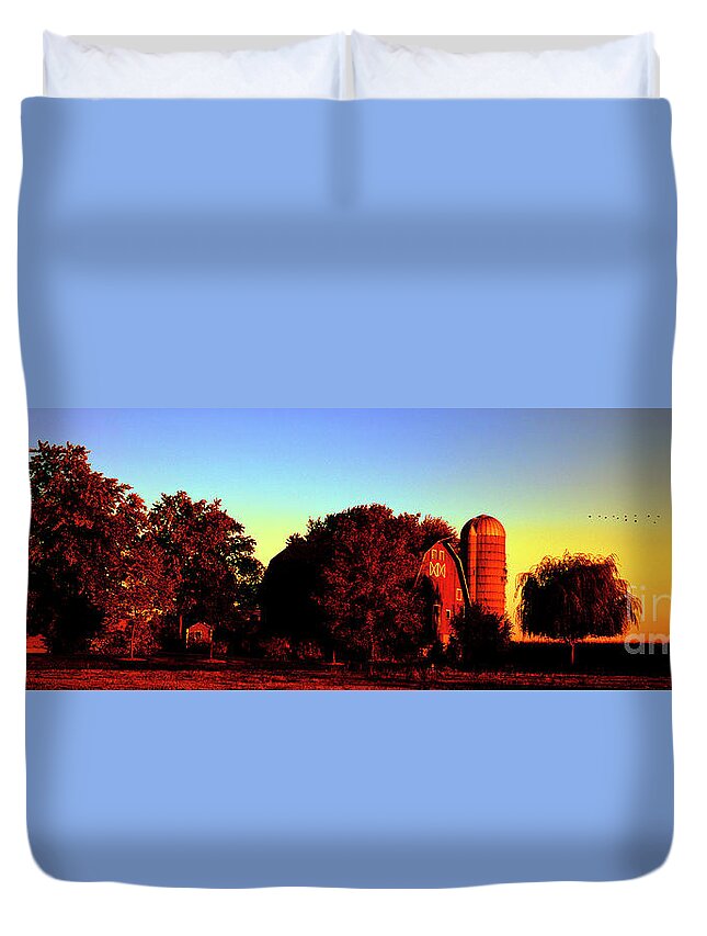 Huntley Duvet Cover featuring the photograph Huntley Road Barn sunrise by Tom Jelen