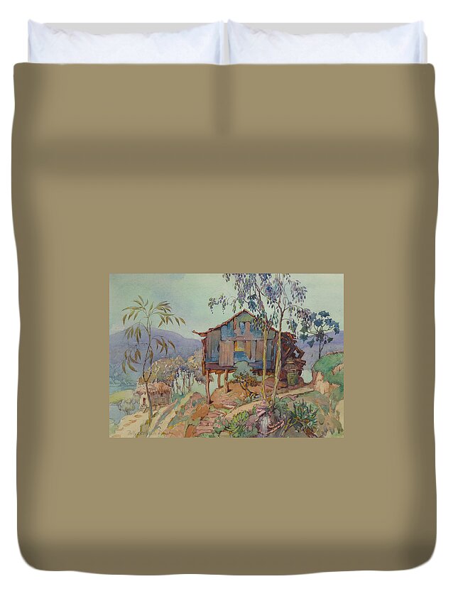 Hut In Tropical Landscape By Nelly Littlehale Murphy (1867-1941) Duvet Cover featuring the painting Hut in Tropical Landscape by Nelly Littlehale Murphy