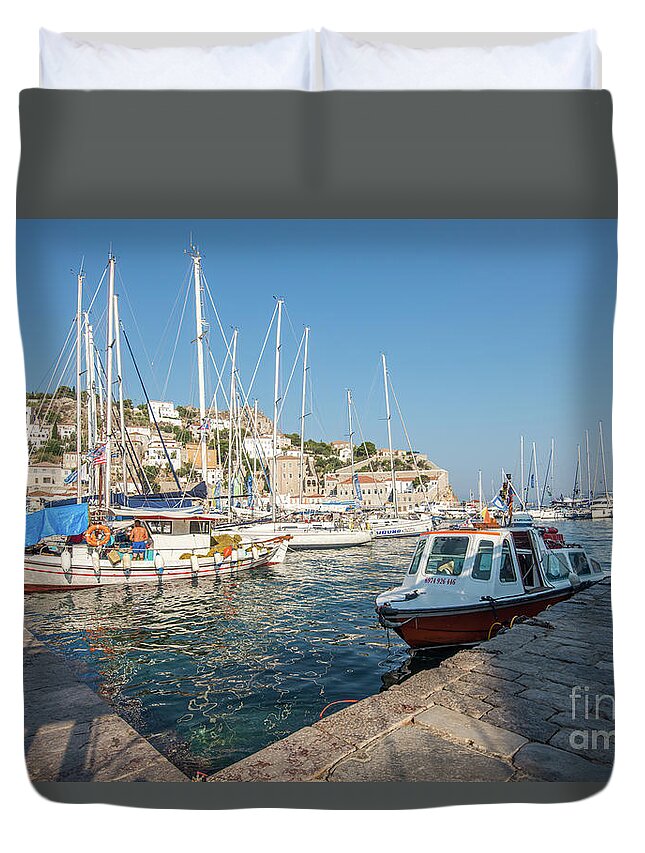 Aegis Duvet Cover featuring the photograph Hydra habour by Hannes Cmarits
