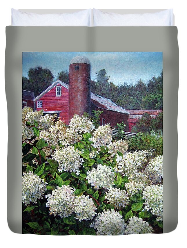 Garden Flowers Duvet Cover featuring the painting Hydrangea and Red Barn by Marie Witte