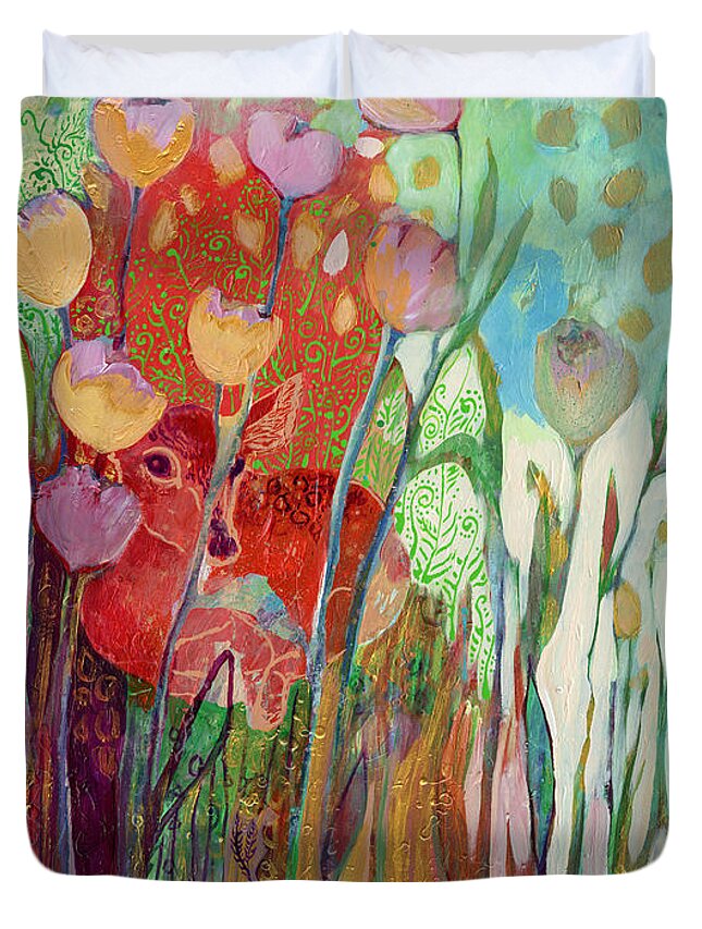 From The I Am Series Of Abstract Wildlife And Nature Images Duvet Cover featuring the painting I Am The Grassy Meadow by Jennifer Lommers