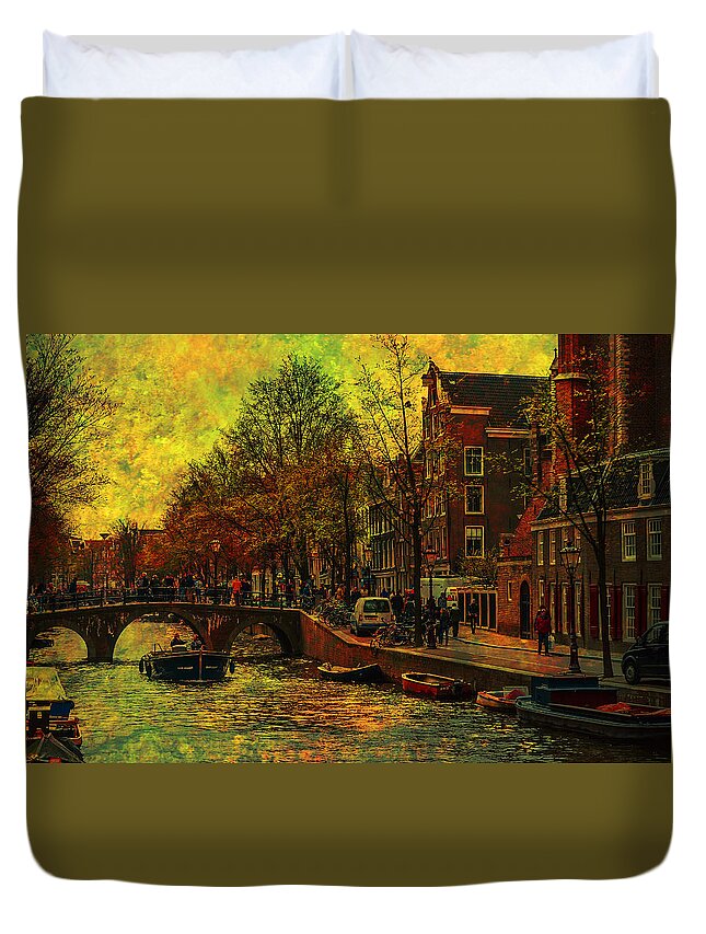 Amsterdam Duvet Cover featuring the photograph I Amsterdam. Vintage Amsterdam In Golden Light by Jenny Rainbow 