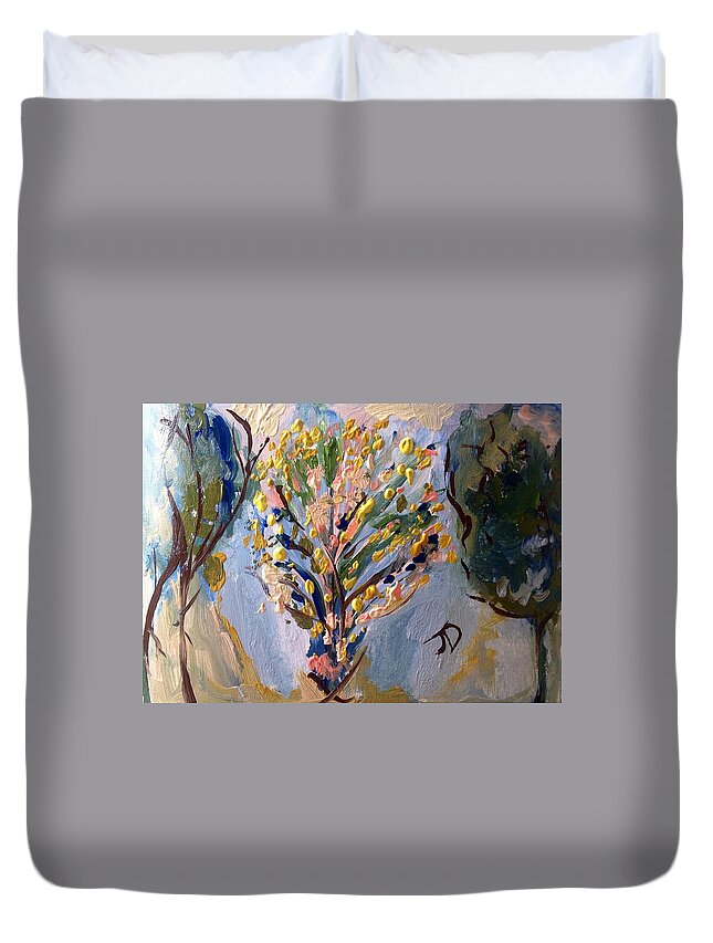 Flowers Duvet Cover featuring the painting I brought you flowers so my heart didn't break by Judith Desrosiers