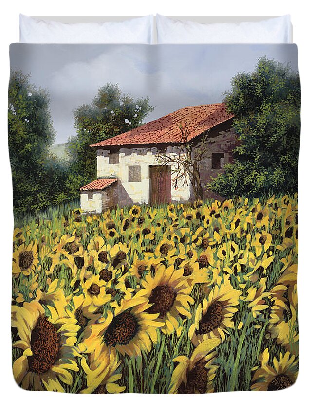Tuscanyguido Borellisunflowershillschiantifarm Duvet Cover featuring the painting I Girasoli Nel Campo by Guido Borelli