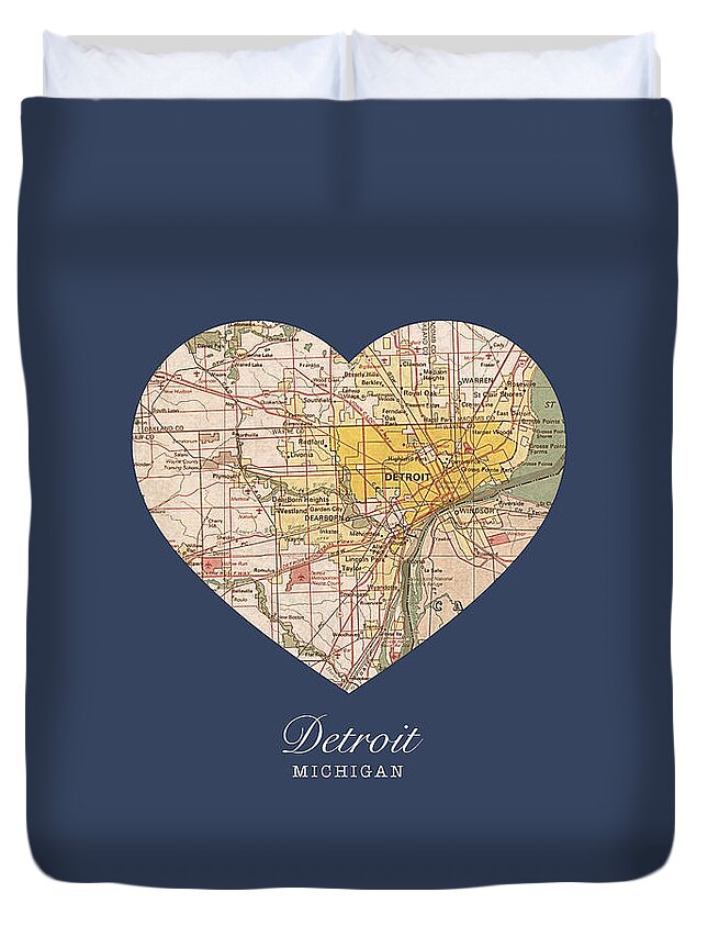I Duvet Cover featuring the mixed media I Heart Detroit Michigan Vintage City Street Map Americana Series No 001 by Design Turnpike