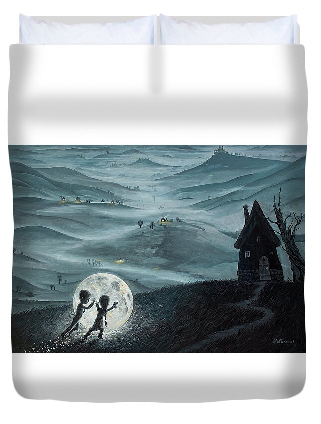 Kids Duvet Cover featuring the painting I Love Dreaming into That Dying Light by Adrian Borda