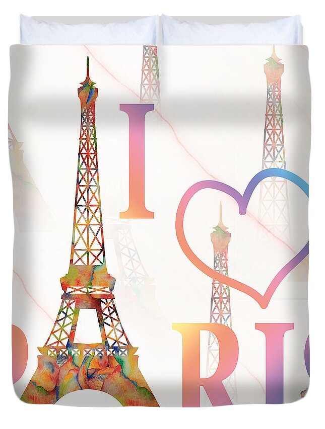Paris Illustration Duvet Cover featuring the painting I LOVE PARIS mixed media by Georgeta Blanaru