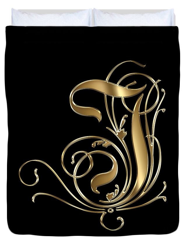 Gold Letter I Duvet Cover featuring the painting I Ornamental Letter Gold Typography by Georgeta Blanaru