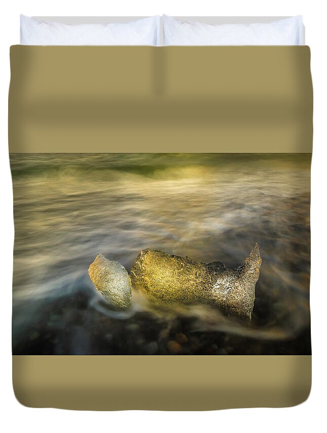 Iceland Duvet Cover featuring the photograph Ice in Surf at Dusk. by Andy Astbury