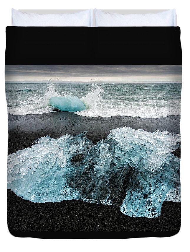 Iceland Duvet Cover featuring the photograph Iceberg and black beach in Iceland by Matthias Hauser