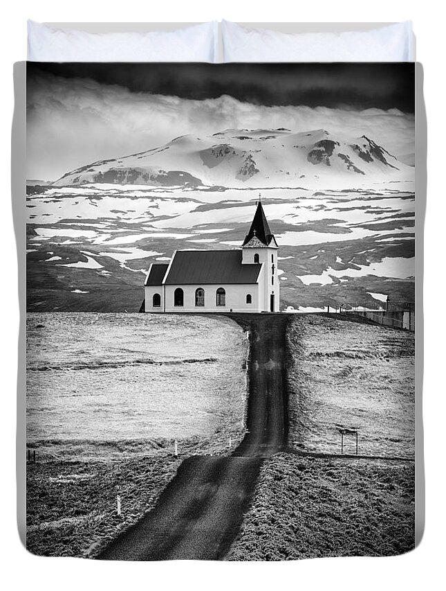 Iceland Duvet Cover featuring the photograph Iceland Ingjaldsholl church and mountains black and white by Matthias Hauser