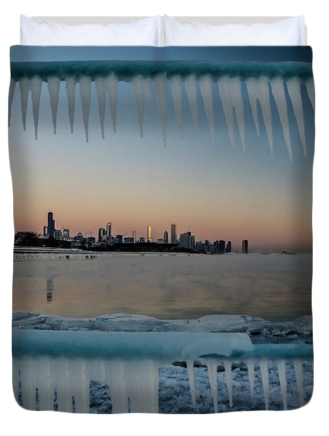 Icicles Duvet Cover featuring the photograph Icicles and Chicago Skyline by Sven Brogren