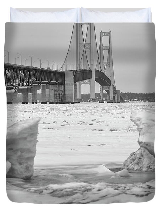 John Mcgraw Duvet Cover featuring the photograph Icy Black and White Mackinac Bridge by John McGraw