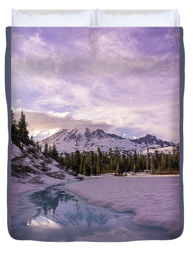 Mount Rainier Duvet Cover featuring the photograph Icy Rainier Reflection by Mike Reid