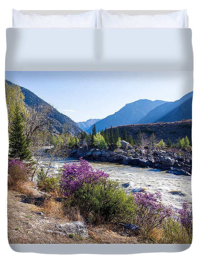 Ilgumensky Rapids Duvet Cover featuring the photograph Ilgumensky Rapids at Spring Time. Altay Mountains by Victor Kovchin