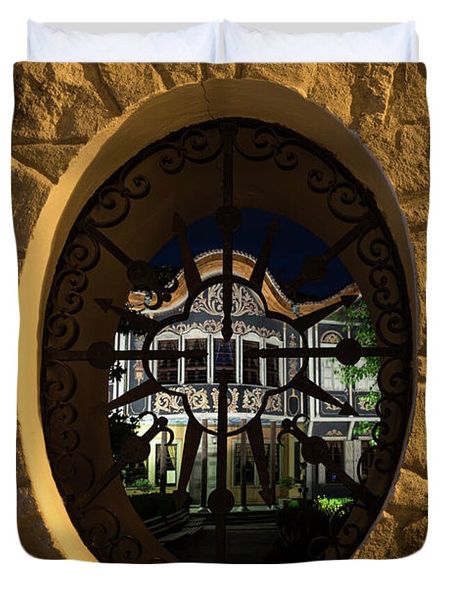 Georgia Mizuleva Duvet Cover featuring the photograph Illuminated Night View - Magnificent Revival House Through a Fence Window by Georgia Mizuleva
