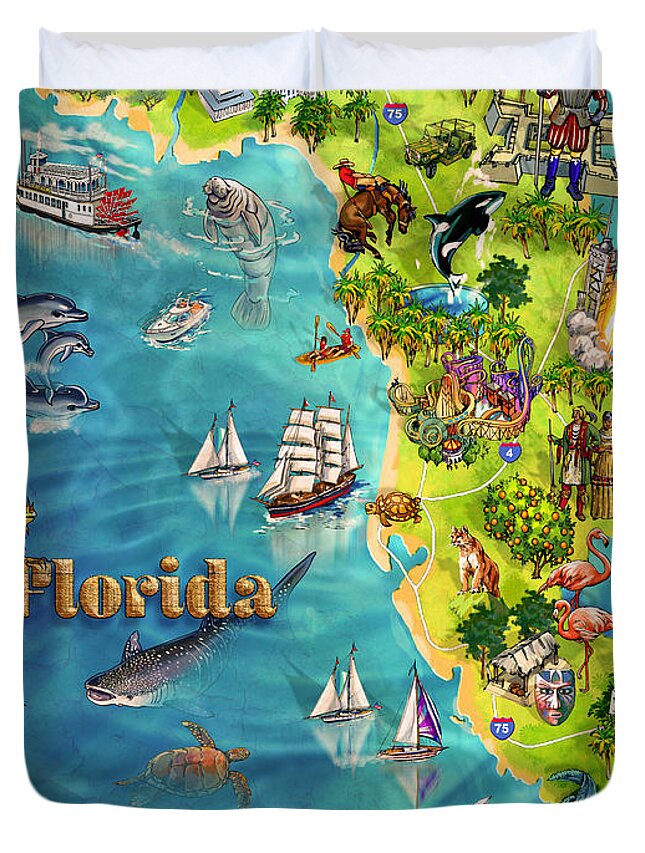 Castillo De San Marcos National Monument Duvet Cover featuring the painting Illustrated Map of Florida by Maria Rabinky