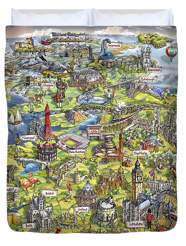Uk; United Kingdom Duvet Cover featuring the painting Illustrated Map of the United Kingdom by Maria Rabinky