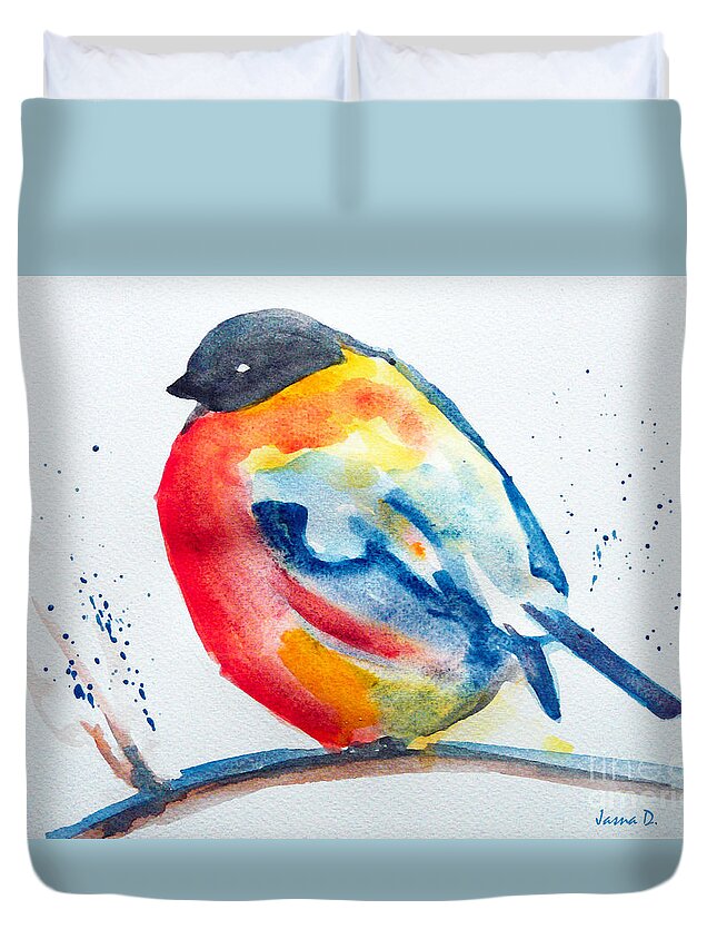 Bird Robin Duvet Cover featuring the painting I'm cold by Jasna Dragun