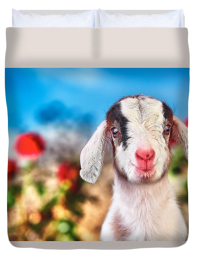 Baby Goat Duvet Cover featuring the photograph I'm in the Rose Garden by TC Morgan