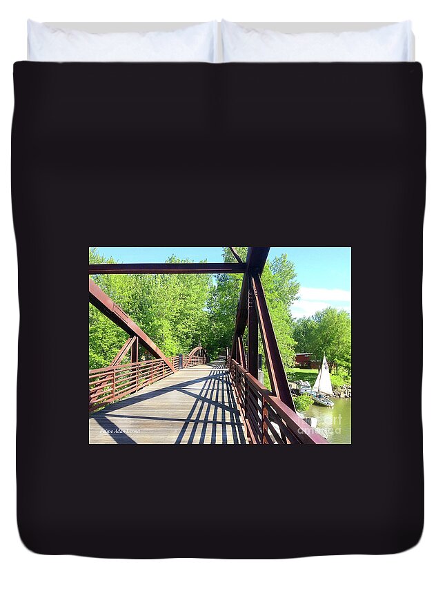 Image In Novel Duvet Cover featuring the photograph Image Included in Queen the Novel - Bike Path Bridge Over Winooski River with Sailboat 22of74 Enhanc by Felipe Adan Lerma