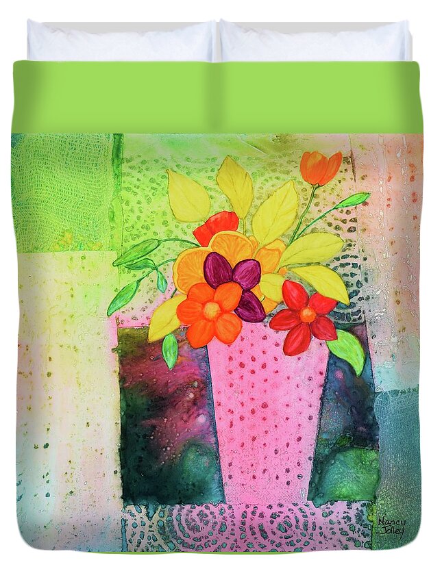 Flowers Duvet Cover featuring the painting Imagining Spring by Nancy Jolley