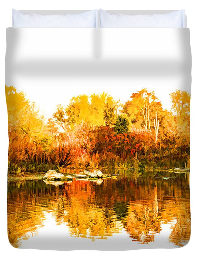 Impression Duvet Cover featuring the painting Impressions of Forests - Colorful Autumn Mirror by Georgia Mizuleva
