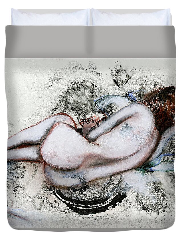 Female Duvet Cover featuring the mixed media In Another Place by Kerryn Madsen-Pietsch