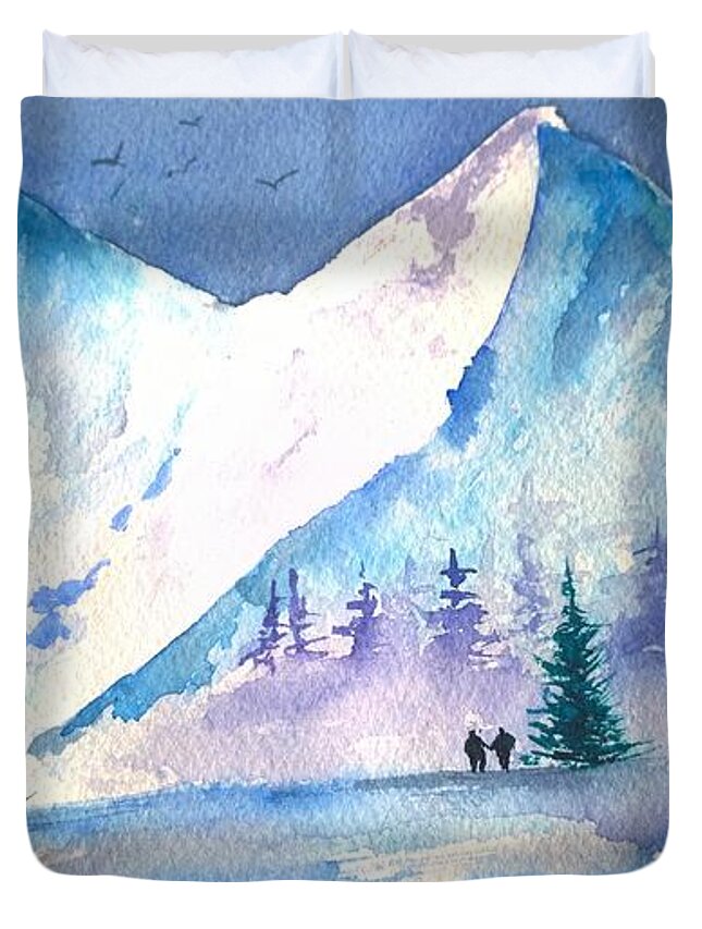 Watercolor Landscape Painting Duvet Cover featuring the painting In Awe Of Their Beauty by Eunice Miller