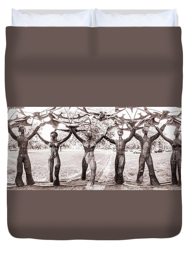 Birds Excited Into Flight Duvet Cover featuring the photograph In the Center of Seven under Birds - Panorama by Chris Bordeleau
