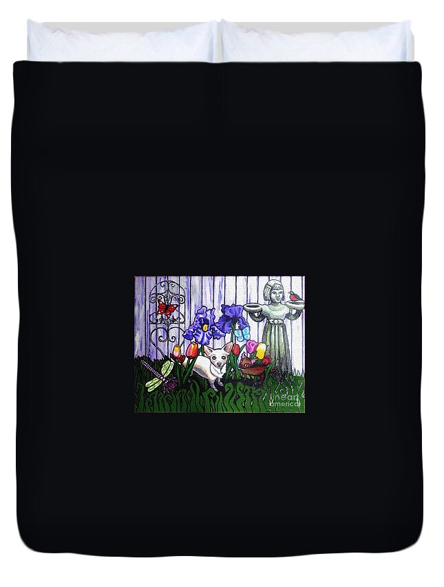 Dog Duvet Cover featuring the painting In The Chihuahua Garden Of Good and Evil by Genevieve Esson