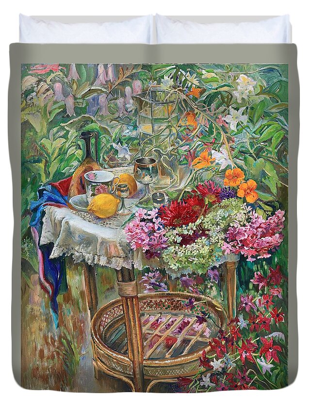 Maya Gusarina Duvet Cover featuring the painting In the Garden by Maya Gusarina