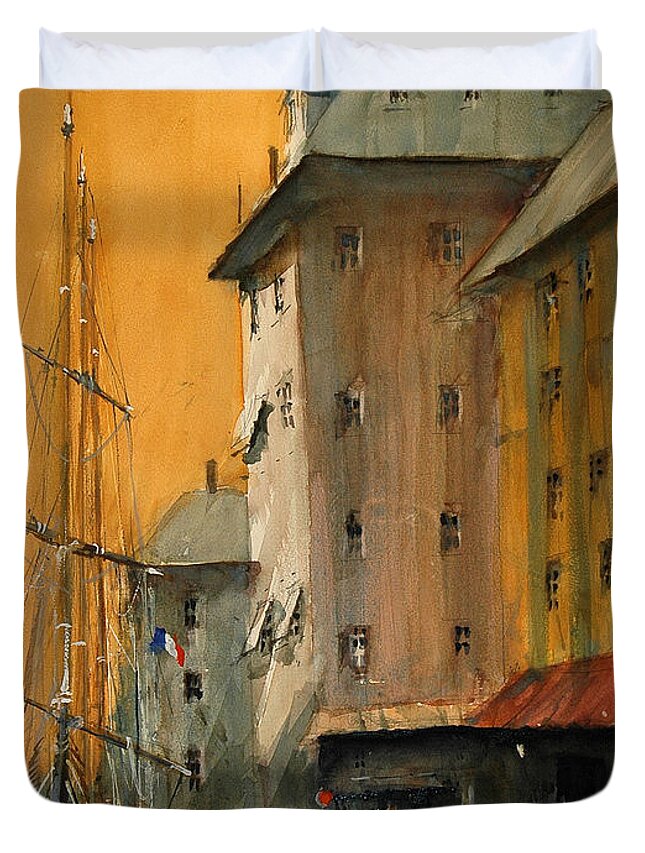 Watercolor Duvet Cover featuring the painting In the Port of Marseille by Charles Rowland