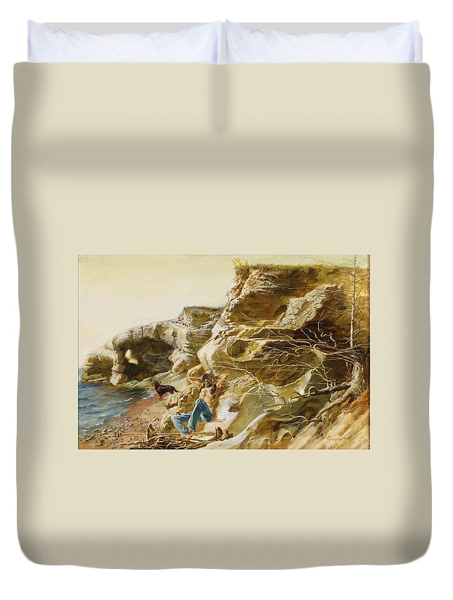 Sergey Gusarin Duvet Cover featuring the painting In the Rocks by Sergey Gusarin
