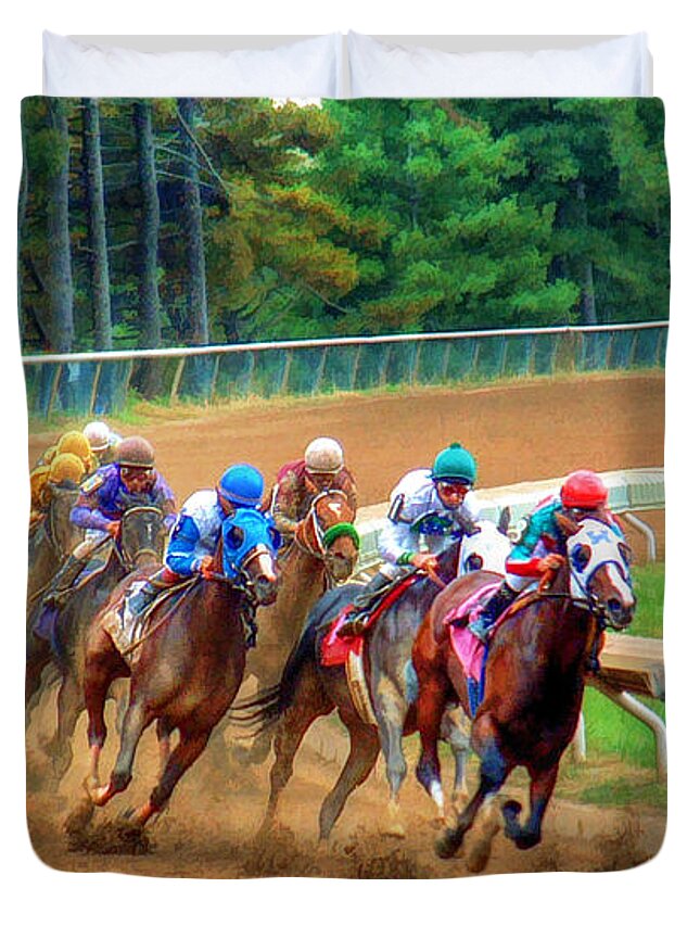 Keenland Duvet Cover featuring the photograph In the Turn #2 by Sam Davis Johnson