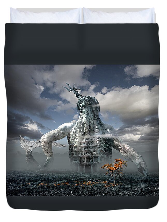 Poseidon God Greek Roman Sculpture Antonio Gaudi Modernism Contemporary Surrealism Building Allegorical Duvet Cover featuring the digital art Inadvertent Metamorphosis or King of my Castle by George Grie