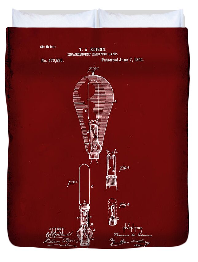 Patent Duvet Cover featuring the mixed media Incandescent Electric Lamp Patent Drawing 4d by Brian Reaves