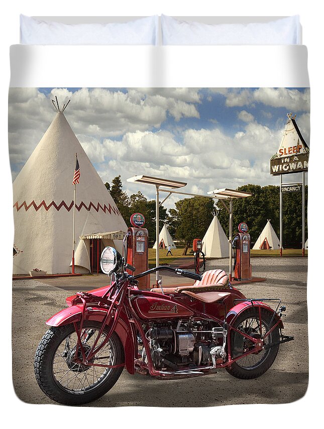 Indian Motorcycle Duvet Cover featuring the photograph Indian 4 Motorcycle with sidecar by Mike McGlothlen
