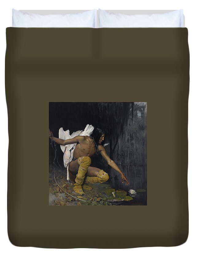George De Forest Brush B. 1855. D. 1941. Duvet Cover featuring the painting Indian And The Lily by MotionAge Designs