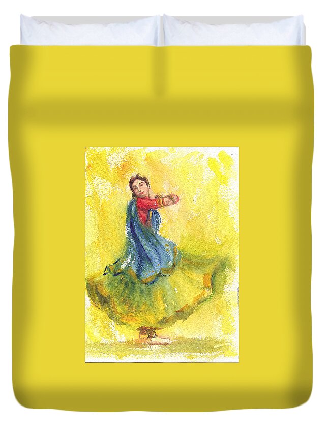 Yellow Duvet Cover featuring the painting Indian dancer by Asha Sudhaker Shenoy