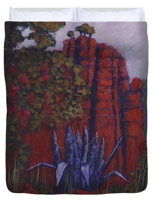 Landscape Duvet Cover featuring the painting Indian Lodge Courtyard Fort Davis, TX by Allison Constantino