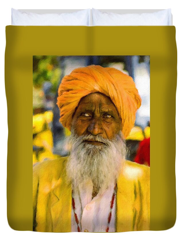 Indian Man Duvet Cover featuring the painting Indian old man by Vincent Monozlay