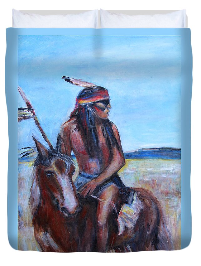 Young Indian Brave Duvet Cover featuring the painting Indian on horseback by Denice Palanuk Wilson