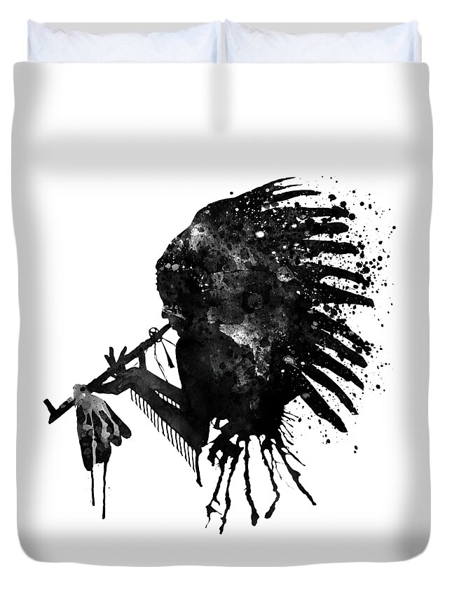 Indian Duvet Cover featuring the painting Indian with Headdress Black and White Silhouette by Marian Voicu