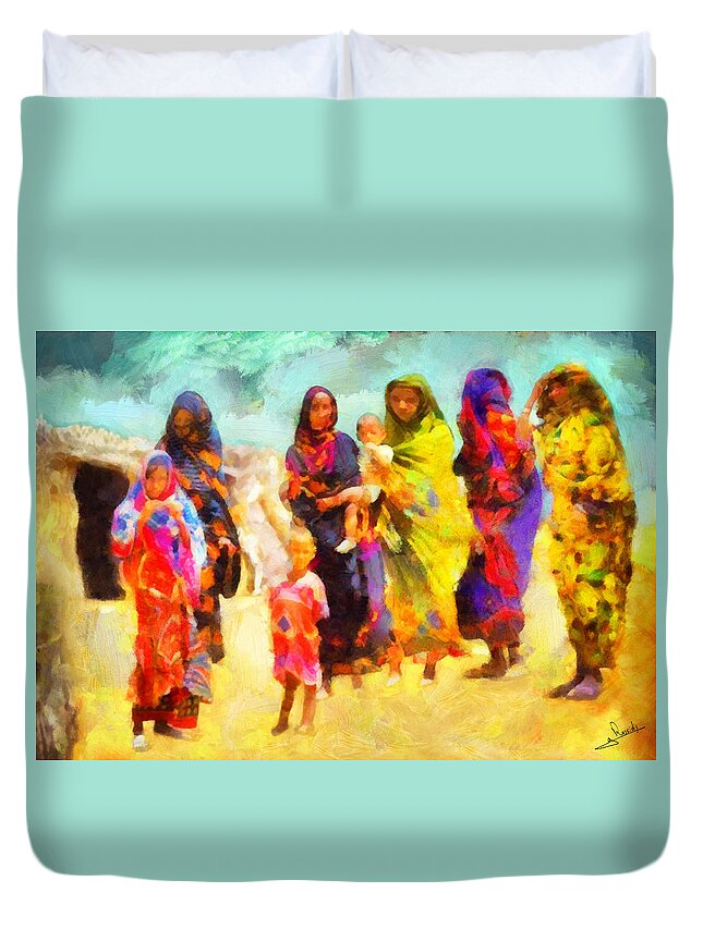 Indian Women 2 Duvet Cover featuring the painting Indian women 2 by George Rossidis
